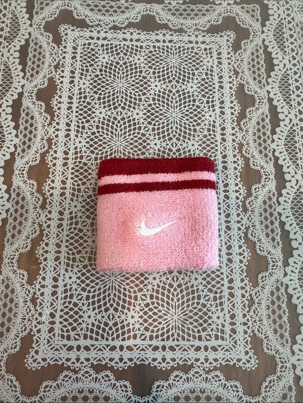 Nike Pink Wrist Sweatband with Dark Red Stripes